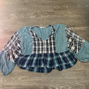 American Eagle Outfitters Plaid Babydoll Patchwork Blue Cropped Top Size XXL